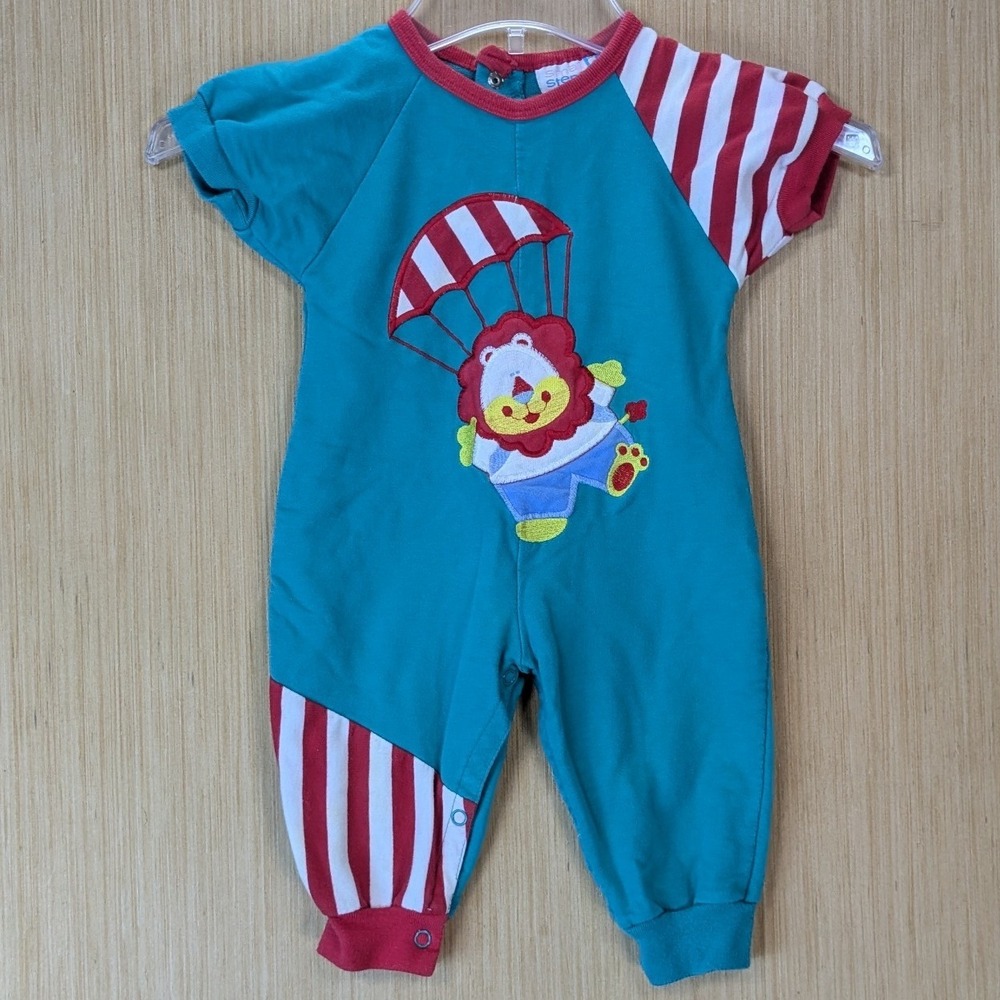 Small Steps Vintage 80s Retro Baby Romper Red Striped Parachute Lion 12 Months